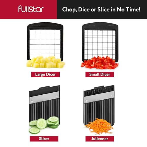 Fullstar All-in-1 Vegetable Chopper, Mandoline Slicer & Cheese Grater - Multi Blade French Fry Cutter & Veggie Dicer - Includes Bonus Handheld Spiralizer & Kitchen Gadgets (4 in 1, Black)