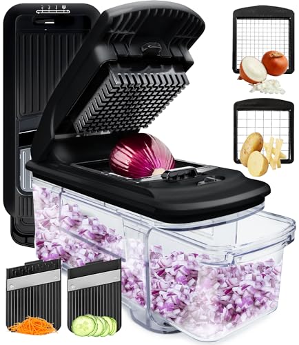 Fullstar All-in-1 Vegetable Chopper, Mandoline Slicer & Cheese Grater - Multi Blade French Fry Cutter & Veggie Dicer - Includes Bonus Handheld Spiralizer & Kitchen Gadgets (4 in 1, Black)