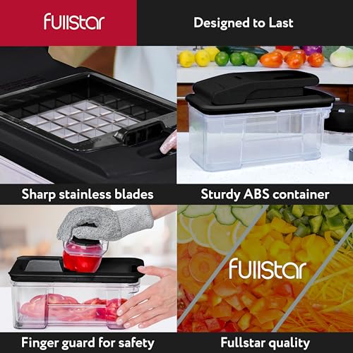 Fullstar All-in-1 Vegetable Chopper, Mandoline Slicer & Cheese Grater - Multi Blade French Fry Cutter & Veggie Dicer - Includes Bonus Handheld Spiralizer & Kitchen Gadgets (4 in 1, Black)