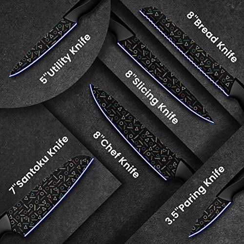 Astercook Knife Set, 12 Pcs Colorful Geometric Pattern Kitchen Knife Set, 6 Stainless Steel Kitchen Knives with 6 Blade Guards, Dishwasher Safe, Black