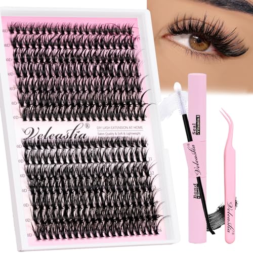 Veleasha Lash Extension Kit Wispy Lashes Kit 40D+50D 280PCS Lash Clusters Kit 9-16mm Lashes Extension Kit with Bond and Seal and Tweezers for Self Application (40D+50D, Kit)